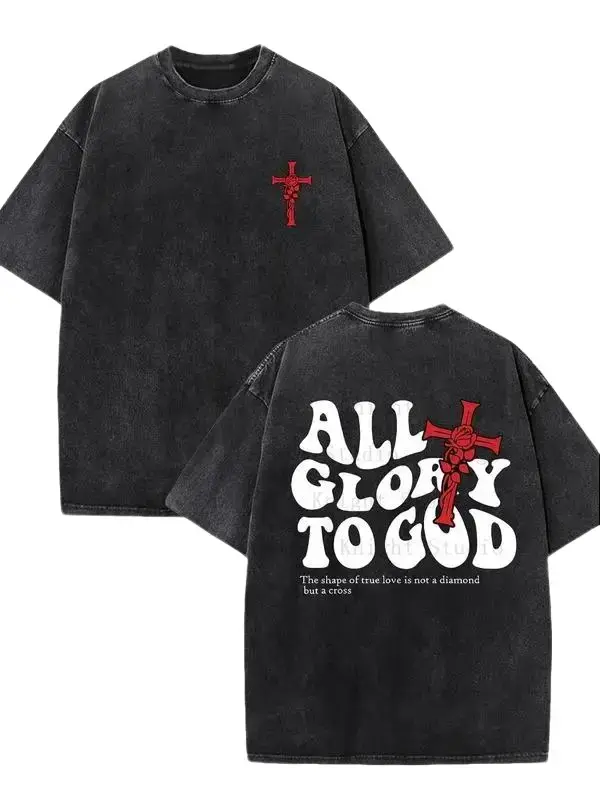 Men's Oversized Black Acid-Wash Short-Sleeve Tee, Vintage Washed Christian Streetwear, Red Rose Cross Front Print, All Glory To God Faith Quote Double-Sided Graphic Casual Religious Top