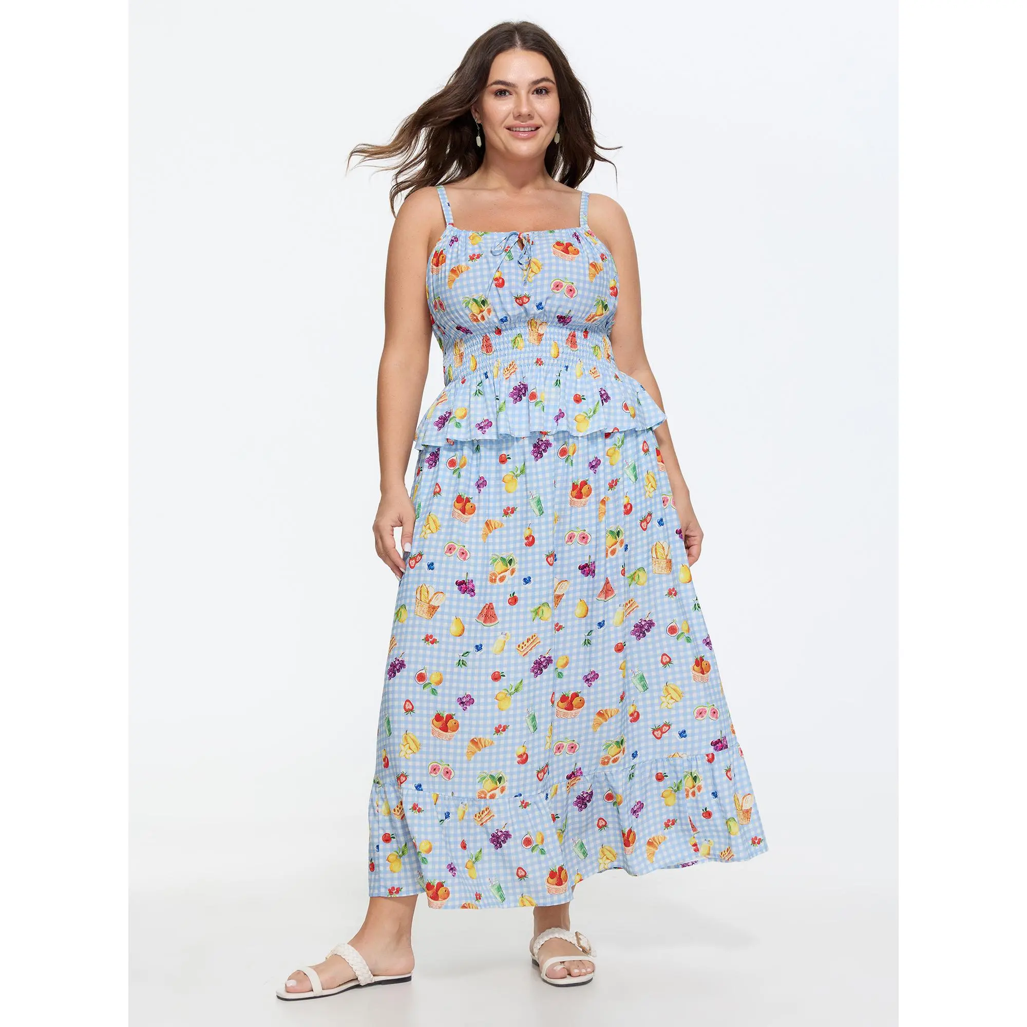 BloomChic Plus Size Playful Fruit Print Rayon Shorts Set, Casual 2-Piece Summer Outfit with a Sleeveless Lace-Up Top and Pocket, Bottoms, Garment, Women, 2 Pcs Set, Smooth, Fabric, 2 Piece Sets