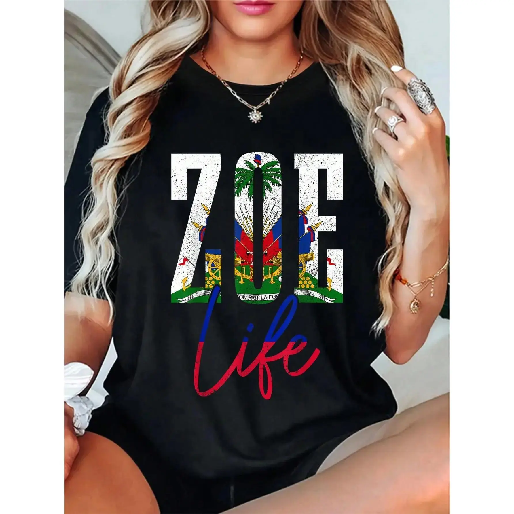 Cotton Haiti Zoe Haitian Flag Caribbean Souvenir T-Shirt Short Sleeve T-Shirt Causal Tops