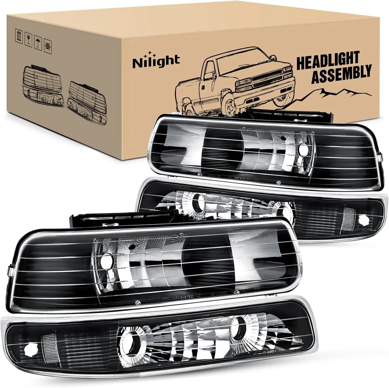 Nilight LED Headlight Assembly Set - Driver & Passenger Side, Anti-Fog, DOT Certified, IP65 Sealed, Waterproof, Dust-Proof, Adjustable Housing & Bumper Lights for 1999-2002 Chevy Silverado, Avalanche 1500/1500HD/2500/2500HD/3500, Chevrolet Tahoe, Suburban