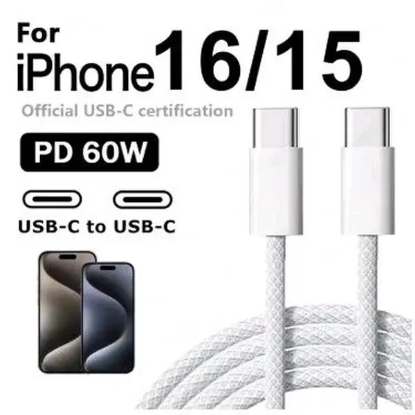 Cable Original for iPhone 16/15 - PD 60W, Official Typ-C Certification, Type-C to Type-C, White Cable