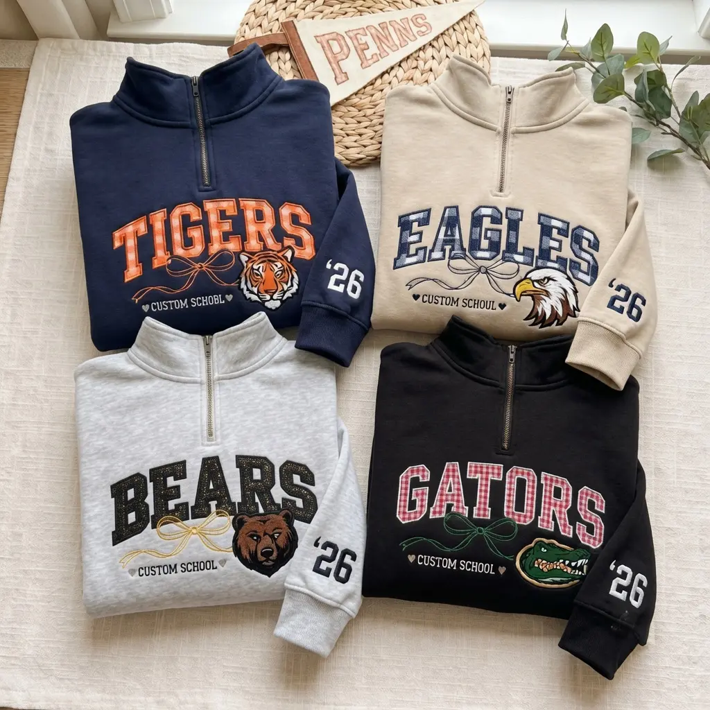 Embroidered Custom Mascot Quarter Zip Sweatshirt, School Spirit Shirt, Personalized Gingham College Shirt, Back To School Tee, Game Day Gift