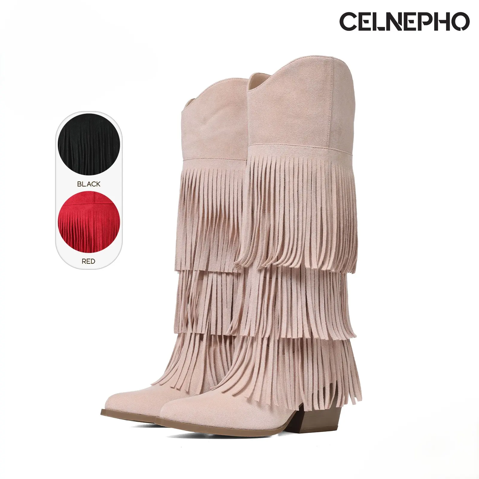 CELNEPHO Womens Cowboy Boots Pointed Toe Chunky Block Heel Knee High Boots Retro Easy Pull on Fringe Design Western Fashion Comfortable Cowgirl Boot Country Concerts Wedding Party Work Casual Fashion Wear Trendy Cowgirl Dress Shoes