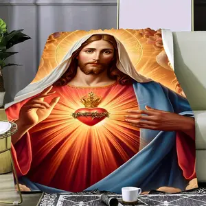 Bohemian Style Jesus Christ Icon Print Flannel Blanket - Soft Warm All-Season Bedspread, Quilted Texture Fabric, Adult Bedding, Sofa & Gift - Vibrant Colors, Christmas Throw Blanket, Blanket For Winter