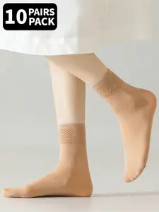 10 pairs of solid-colored stockings, women's mid-calf stockings, mesh hollowed-out high-elasticity Fit sailor socks, suitable for daily business and casual wear