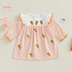 Toddler Baby Girl Easter Dress - Orange Striped Long Sleeve Dress with Carrot Embroidery, Ruffled Collar & Cuff Detail, Spring Casual Party Wear