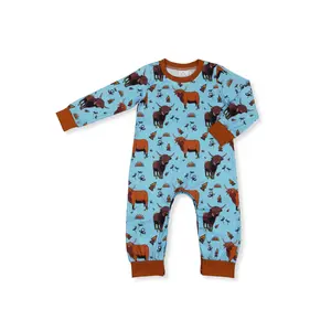 Western blue Cow Printed Long Sleeve OnePieces