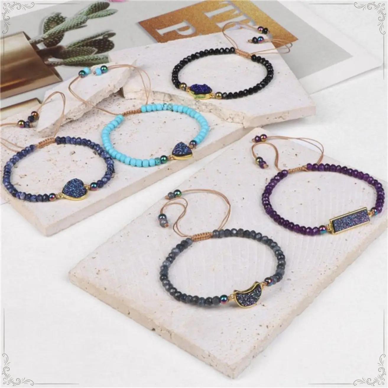 Beads Bracelets Faceted Stone 4mm Healing Crystal Bracelet Half Moon Shape Druzy Adjustable Handmade Jewelry for Women