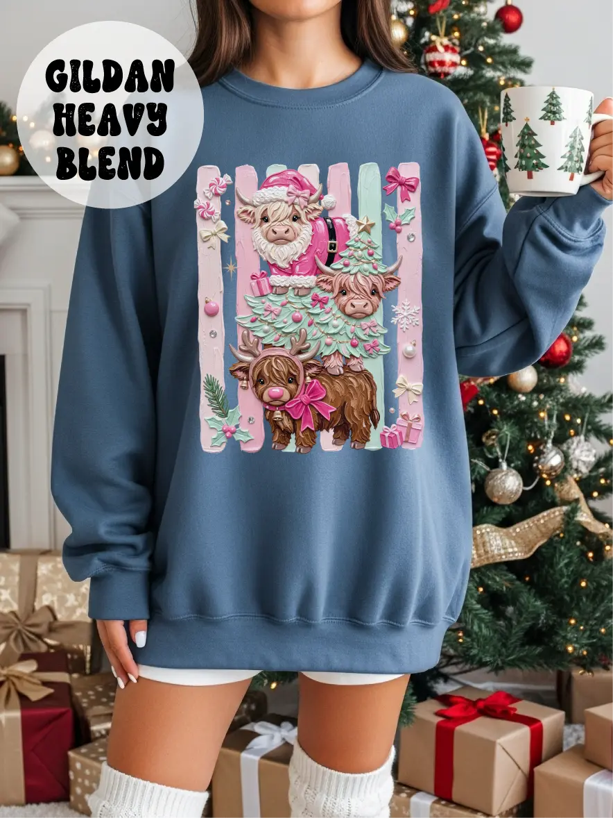 Women's Coquette Cow Christmas Crewneck Sweatshirt - Casual, Comfy, Cute, Everyday Fit, Unisex, Printed in the USA