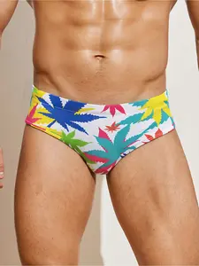 Men'S Multicolor Leaf Print Quick-Dry Swim Briefs, High-Stretch Athletic Swimwear, Summer Beach Swimming Shorts, Men'S Tight Quick-Drying Trunks With Colorful Leaf Print, Activewear Sport. The Perfect Gift For Men.