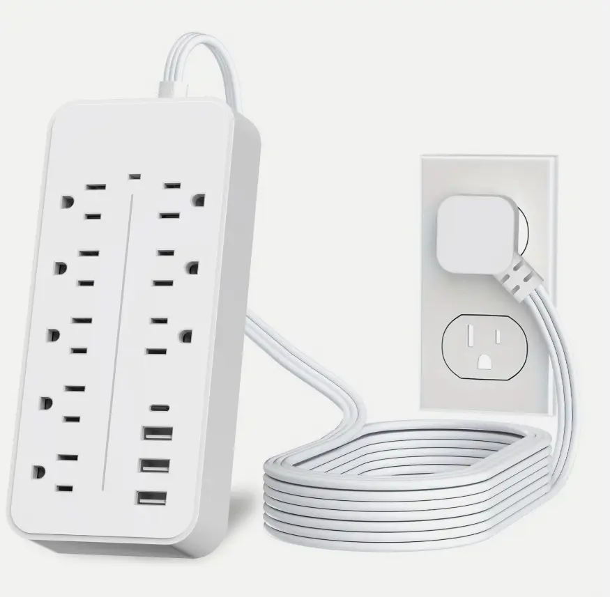 Summervibes White Flat Plug Surge Protector Power Strip - 8 Outlets, 3 USB-A Ports, 1 USB-C Port, 1700J, Wall Mount Charging Station with Long Extension Cord for Home Office Desk