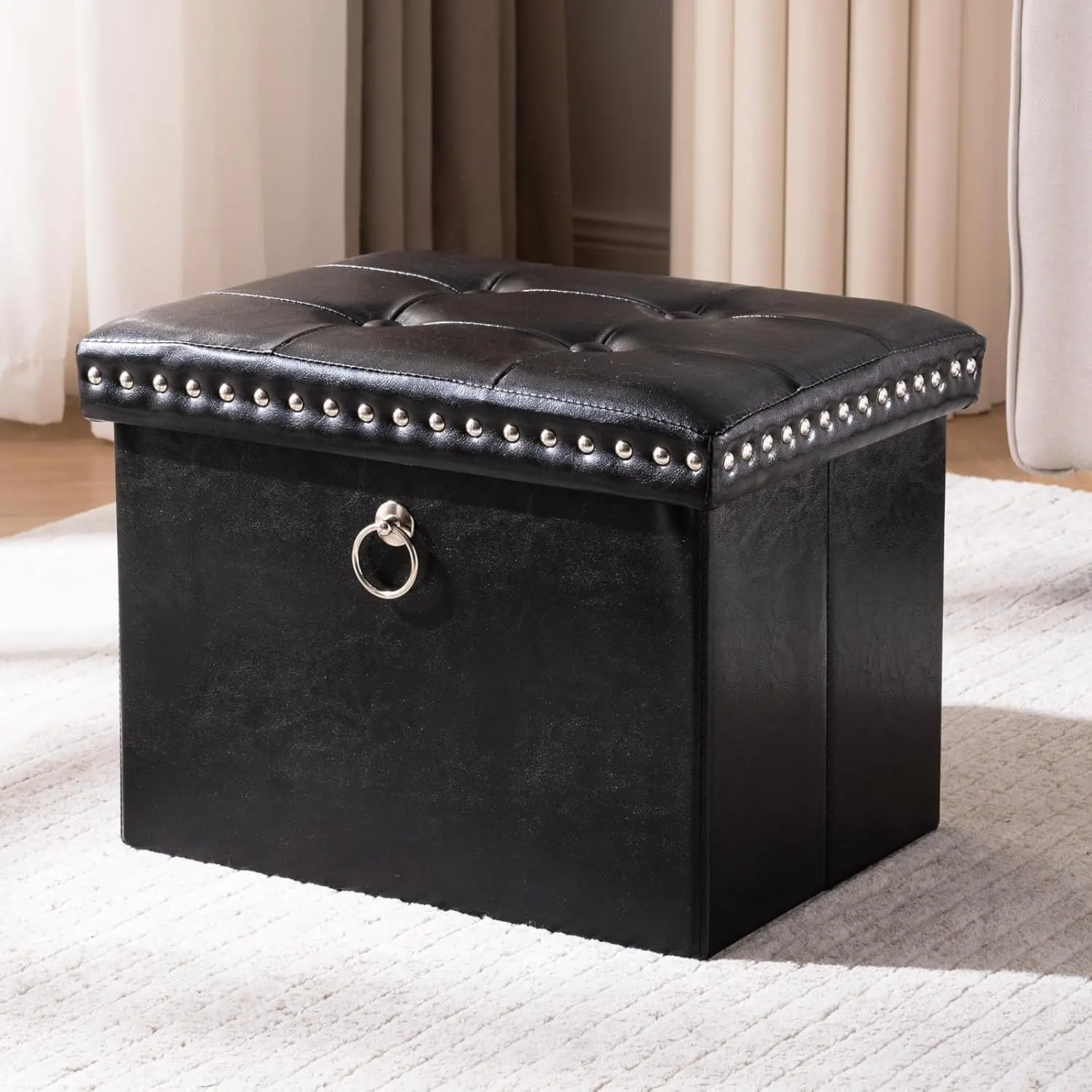 Storage Ottoman Foot Rest Stool, Foldable Leather Footstool Storage Bench with Rivet Design, Thicker  Padded Seat, Footrest Under Desk for Living Room Bedroom 242 lbs, 16x12x12 in, Black