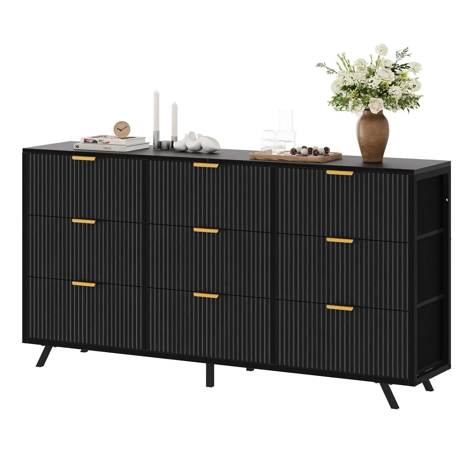 57" TV Stand for 55 Inch TV with 9 Fabric Drawers, Fluted Media Console – Wood Top Entertainment Center for Living Room, Bedroom Storage Cabinet