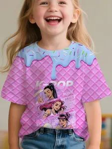 K-Pop Girls' Waffle Ice Cream T-Shirt, 3D Idol Print, Cute Loose Fit, Casual Daily Wear, All over Print, Short Sleeves, No Collar