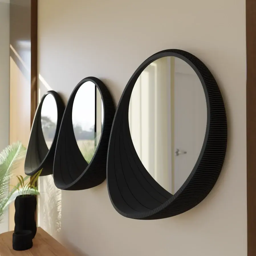 16” Minimalist Ribbed Wood Bubble Mirror, Modern Home Decor for Entryway