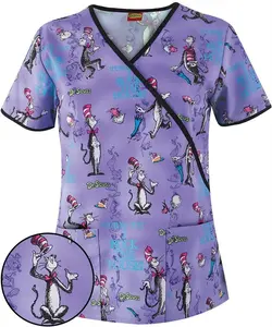 Funny Cat Nurse Scrub Top for Women – Purple Cartoon Cat Print, “I Rock the House” Quote, Medical Uniform RN CNA LPN