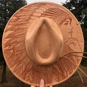 Native American Engraved Fedora Hat with Intricate Feather Design and Unique Artwork