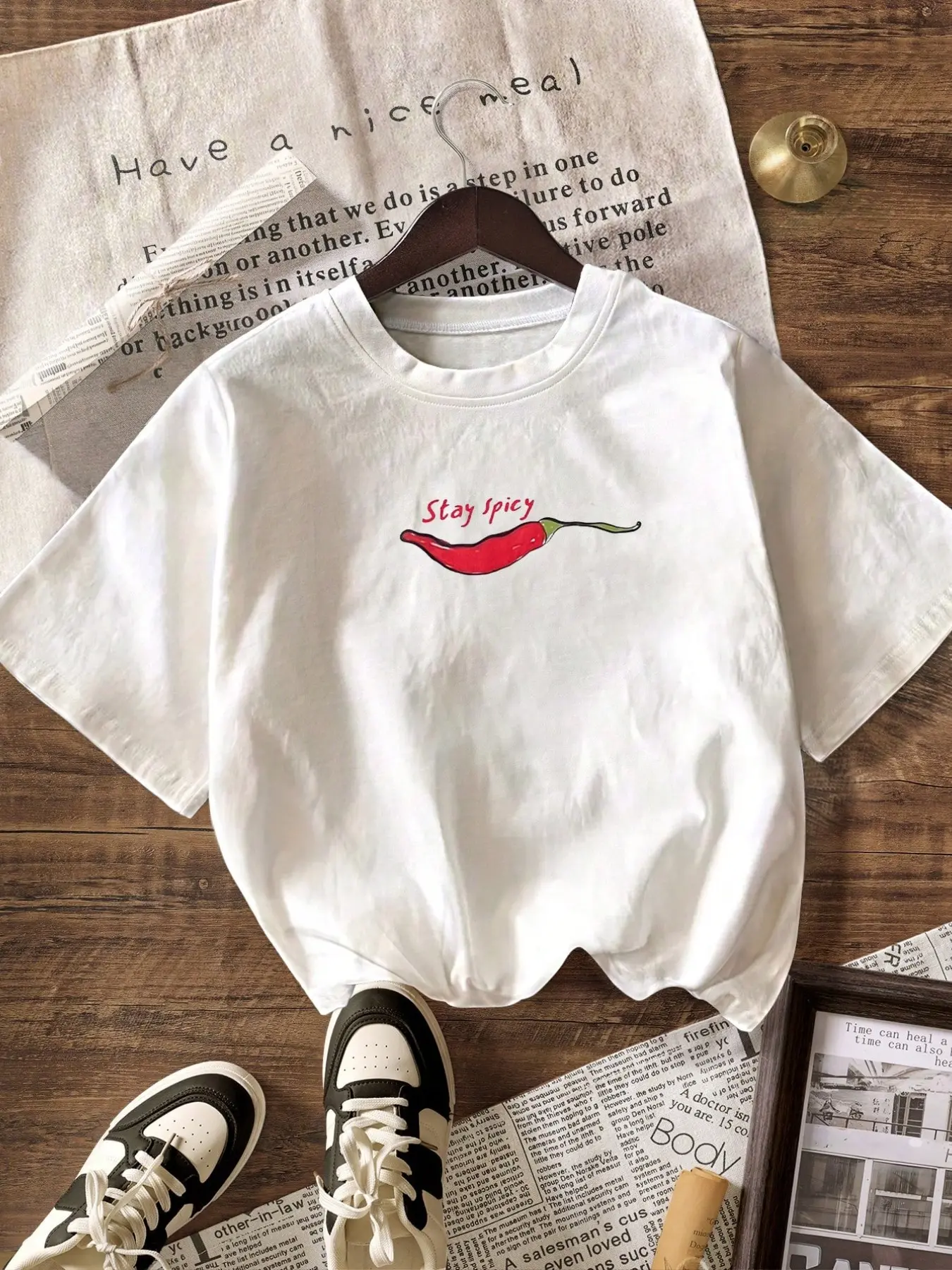 Stay Spicy Chili Pepper Y2K Graphic Short Sleeve T-Shirt, Casual Summer For Women, Vacation & Beach Wear, Womenswear, Fashion, Lady