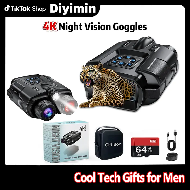 4K Infrared Night Vision Binoculars for Adults - 3” Large Screen, 8X Digital Zoom, Tactical Light, and 64GB Card - Perfect for Camping & Security