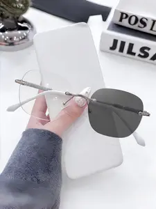 Unisex Metal Frameless Fashion Photochromic Flat Glasses, Stylish Color-Changing Eyewear for Men and Women, Universal Fit Rimless Sunglasses