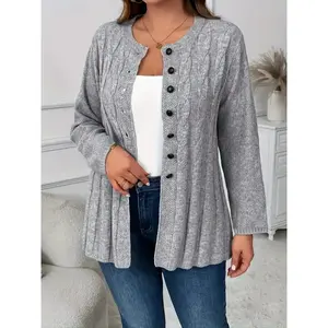 Plus Size Women's Solid Color Long Sleeve Button Front Cardigan, Casual Fitted Knitwear for Fall & Winter, Comfortable Moderate Fabric