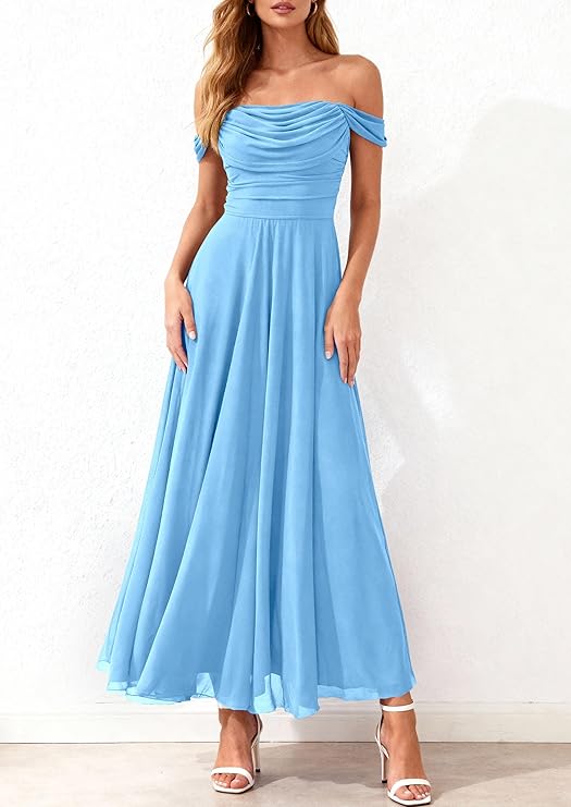 PrettyGarden Womens Off Shoulder Maxi Summer Dresses Elegant Mesh Aline Swing Ruched Flowy Cocktail Wedding Guest Dress