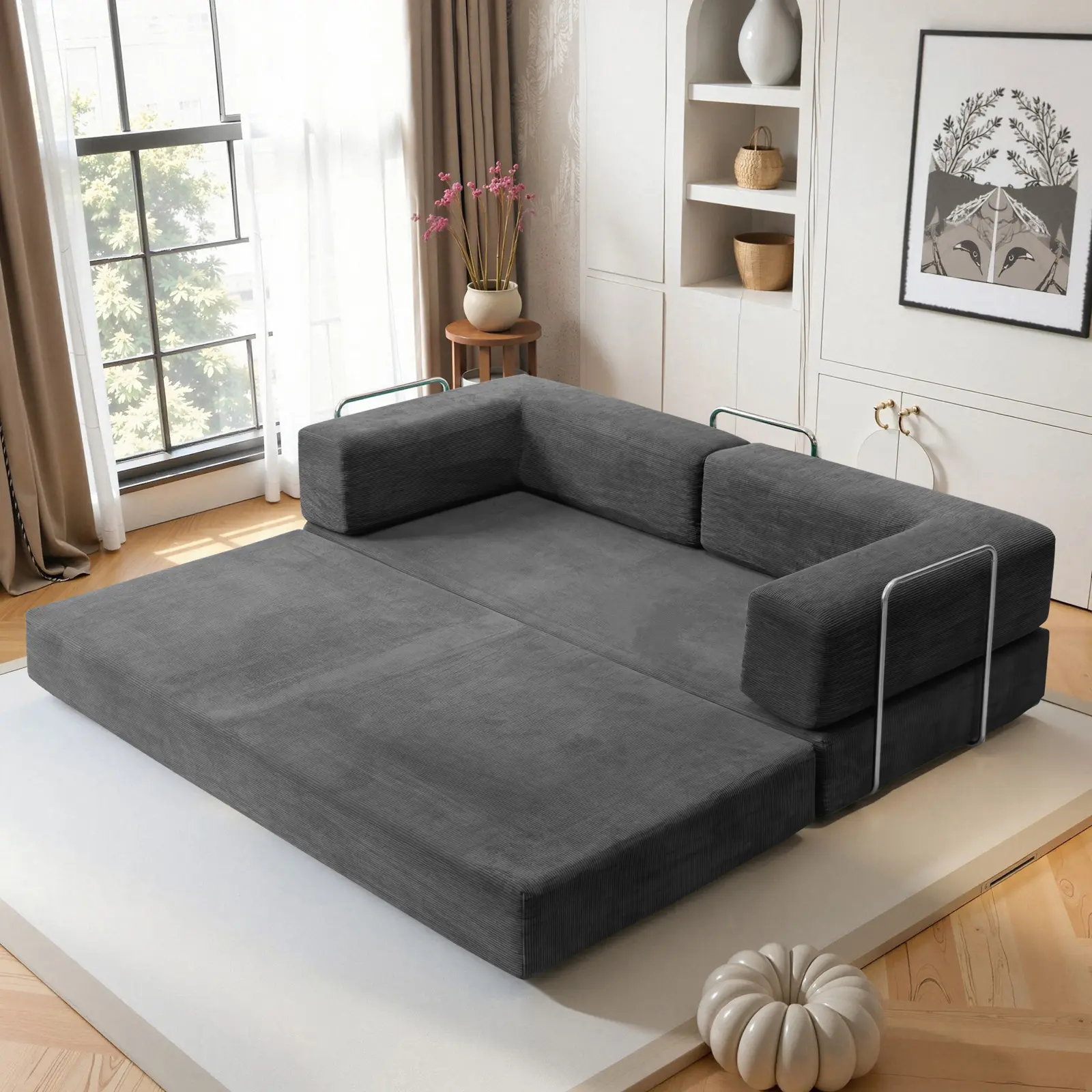 78.7'' Floor Sofa Bed, high quality sponge cushion comfortable corduroy convertible cloud sofa, multifunctional floor sofa bed, futon sofa suitable for living room, bedroom, study, apartment, rental room