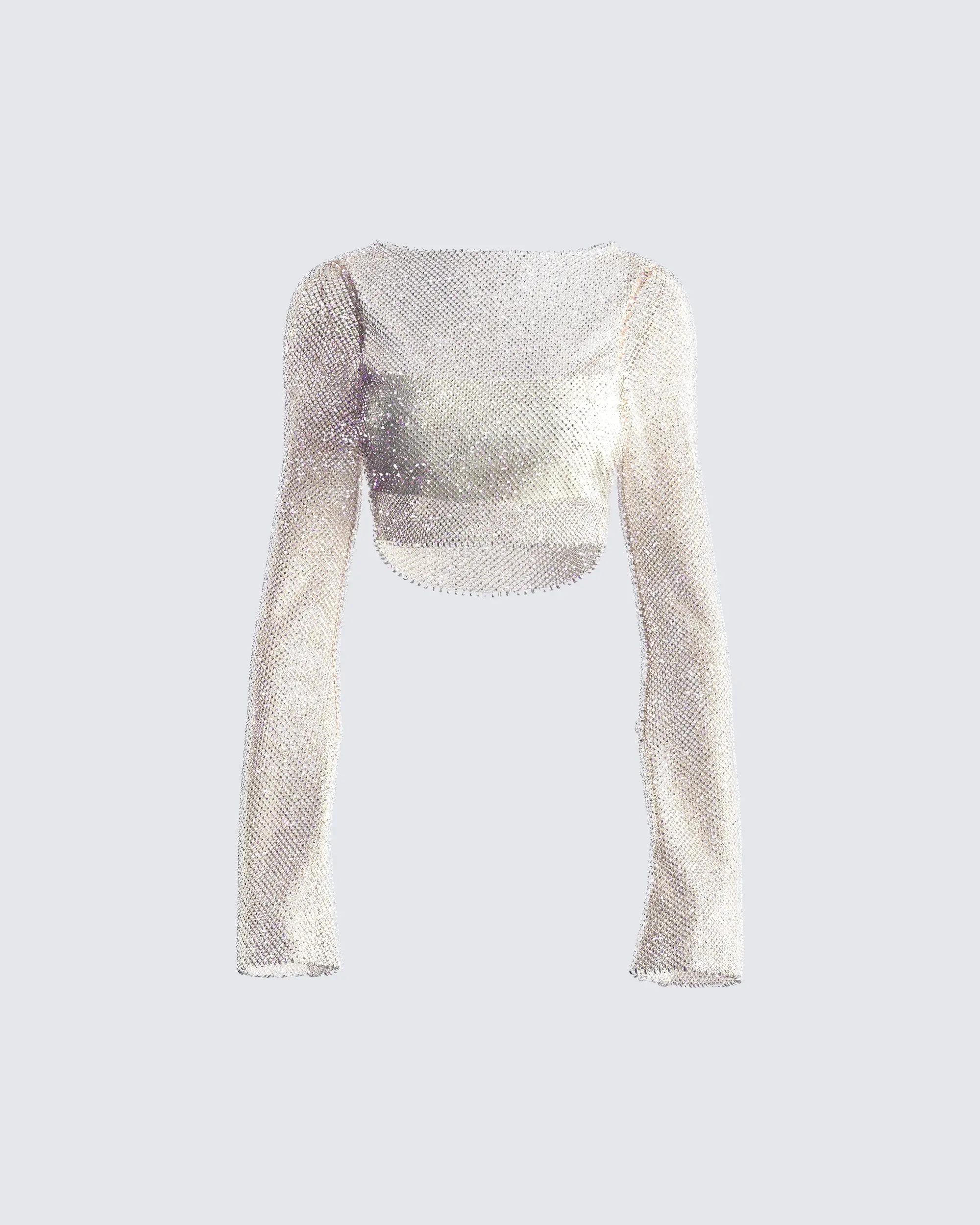 Yanni Rhinestone Long Sleeve Crop Top for Women - Flattering Boat Neck Stretch Top for Birthday Parties