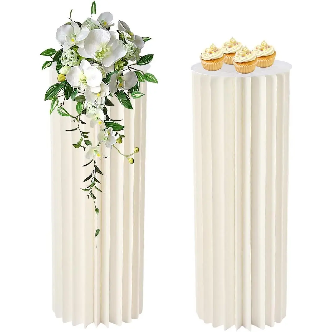2-Pcs XL Cream White Foldable Paper Roman Pillars, Cardboard Display Pedestals with 20-Fold Cylinder Flower Stands for Wedding Decor, Kitchen Bakeware Decorating Tool