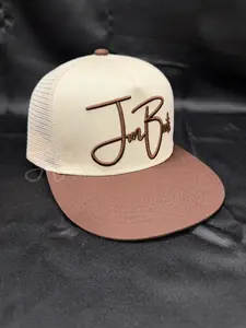 Mocha Signature Logo Trucker Hat with Cream Mesh Front and Brown Leather Back
