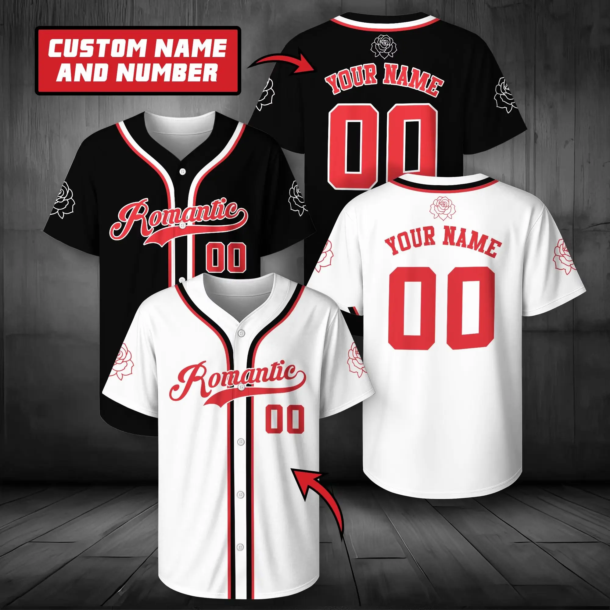 Women's Professional Baseball/Softball Jersey - Romantic Concert Themed, Custom Unisex Names & Numbers, Red Rose Design, Short Sleeve Tops, Music Fan Button-Down Festival Outfits, Sporty Chic