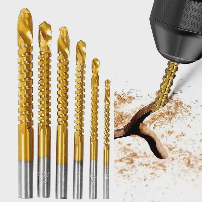 6-Piece Titanium-Plated HSS Twist Drill Bit Set, High-Speed Steel Bits for Metal, Wood, Plastic & DIY Projects, Wood/Plastic/Metal