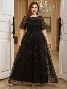 【Plus Size】 Glitter Sequin Embroidery Mesh Evening Dress, Elegant Evening Glam Gown, Elegant Round Neck Long Sleeve Dress for Party Evening Formal Occasions, Women's Clothes for Spring & Fall, Womenswear