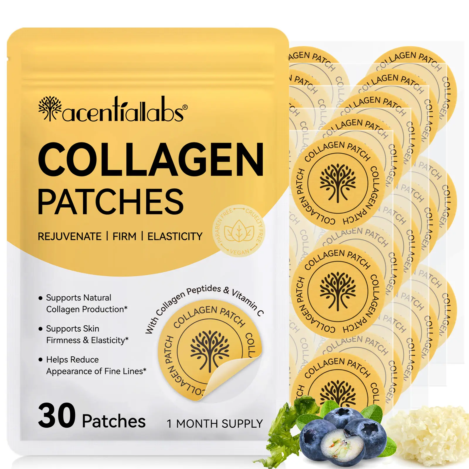 Acentiallabs Collagen Patches 30P, Contains Collagen Peptides And Vitamin C, Delivers Collagen Peptides Directly To Your Skin, Promotes Skin Elasticity, Hydration And Radiance, Helps Maintain Skin Firmness.