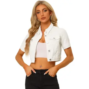Casual Short Sleeves Crop Denim Jean Jacket for Women