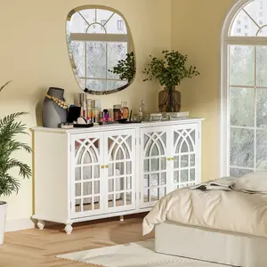 FUFU&GAGA Sideboard Buffet Cabinet ,4 Storage Compartments &Carved Mirror Doors,Kitchen Console Table Storage Cabinet Coffee Bar Accent Cabinet White