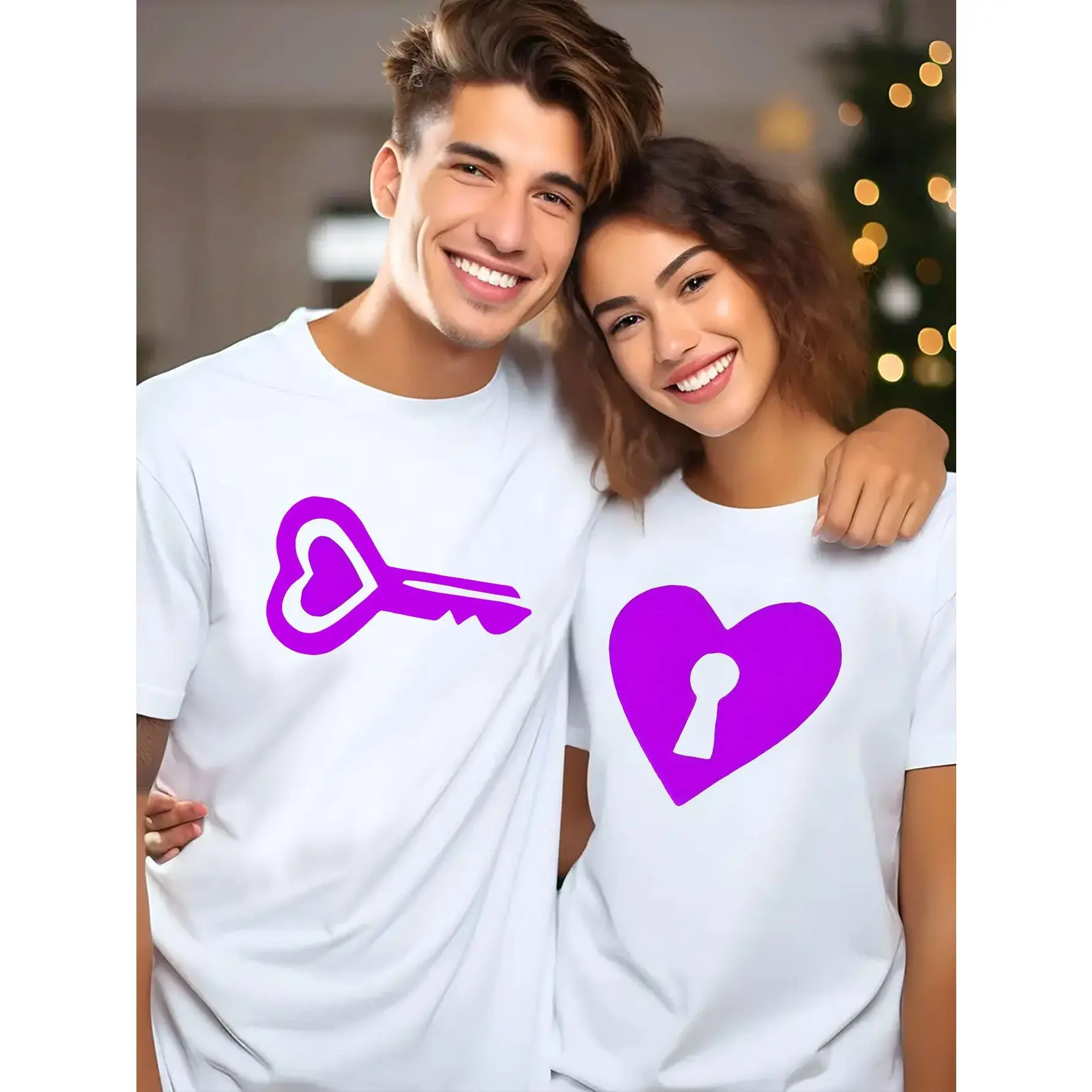 His & Hers Matching Cotton T-Shirts - Key & Heart Graphic, Casual Loose Fit, Perfect for Couples, Valentine’s Day, and Holiday Parties, Dark Gray with Pink & Purple Designs, Cute T Shirts