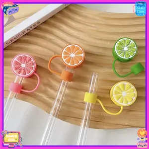 10 Reusable Lemon Strawberry Straw Covers, 4 Random Colors, Fits 0.4 Inch Straws, Ideal for Outdoor Activities, Silicone Material, Perfect Gift