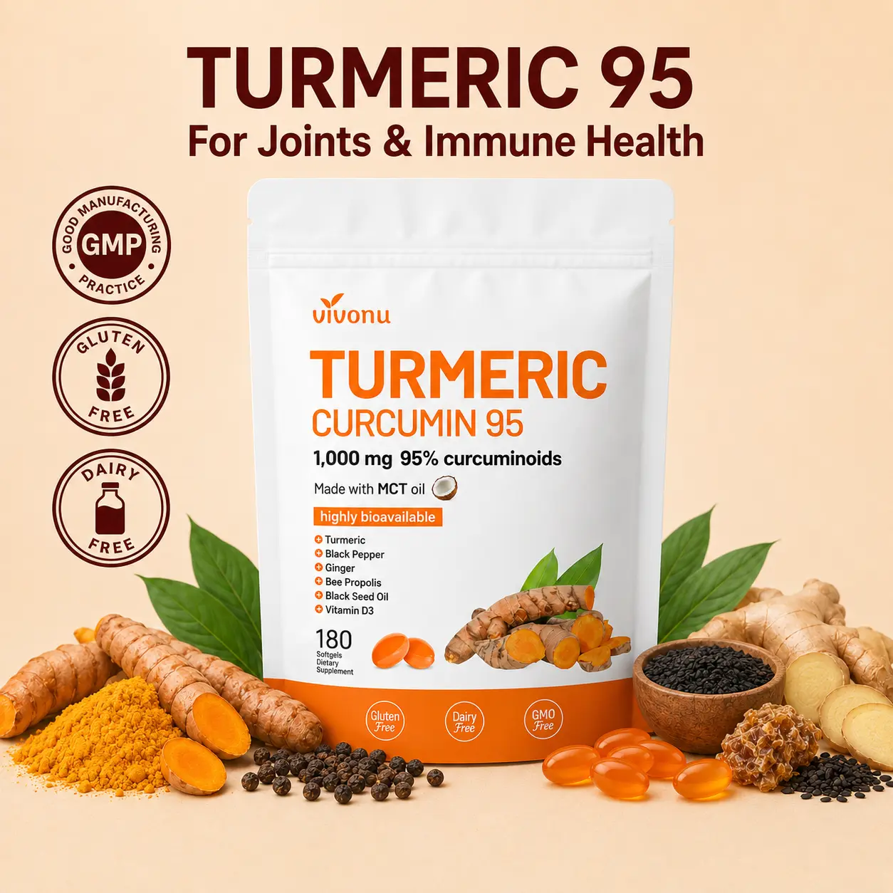 【LAST-CHANCE】VivoNu TURMERIC CURCUMIN 95 Softgels: 1000mg 95% Curcuminoids | Provides Antioxidant Protection, Anti-Inflammatory & Supports Immune Function (180 Softgels per Bag) mothersdaygift