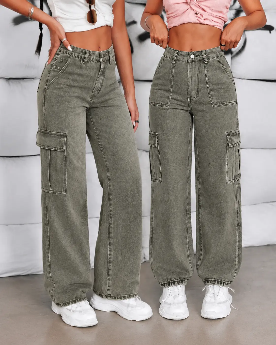 Women's Vintage Washed Green Baggy Cargo Jeans - High-Waist Loose Wide-Leg Denim Pants with Side Big Cargo Pockets for Street Style