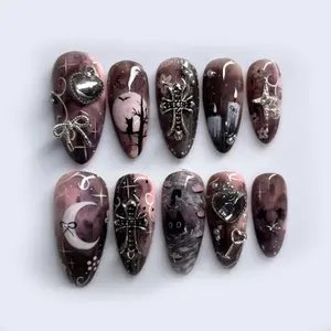 S96 Katy Nails – Gothic Purple Press-On Nails, 3D Cross & Heart Charms, Moon & Cat Art, Dark Aesthetic Nail Set, Handmade Custom Design, Handmade Nail Art, Gift For Her