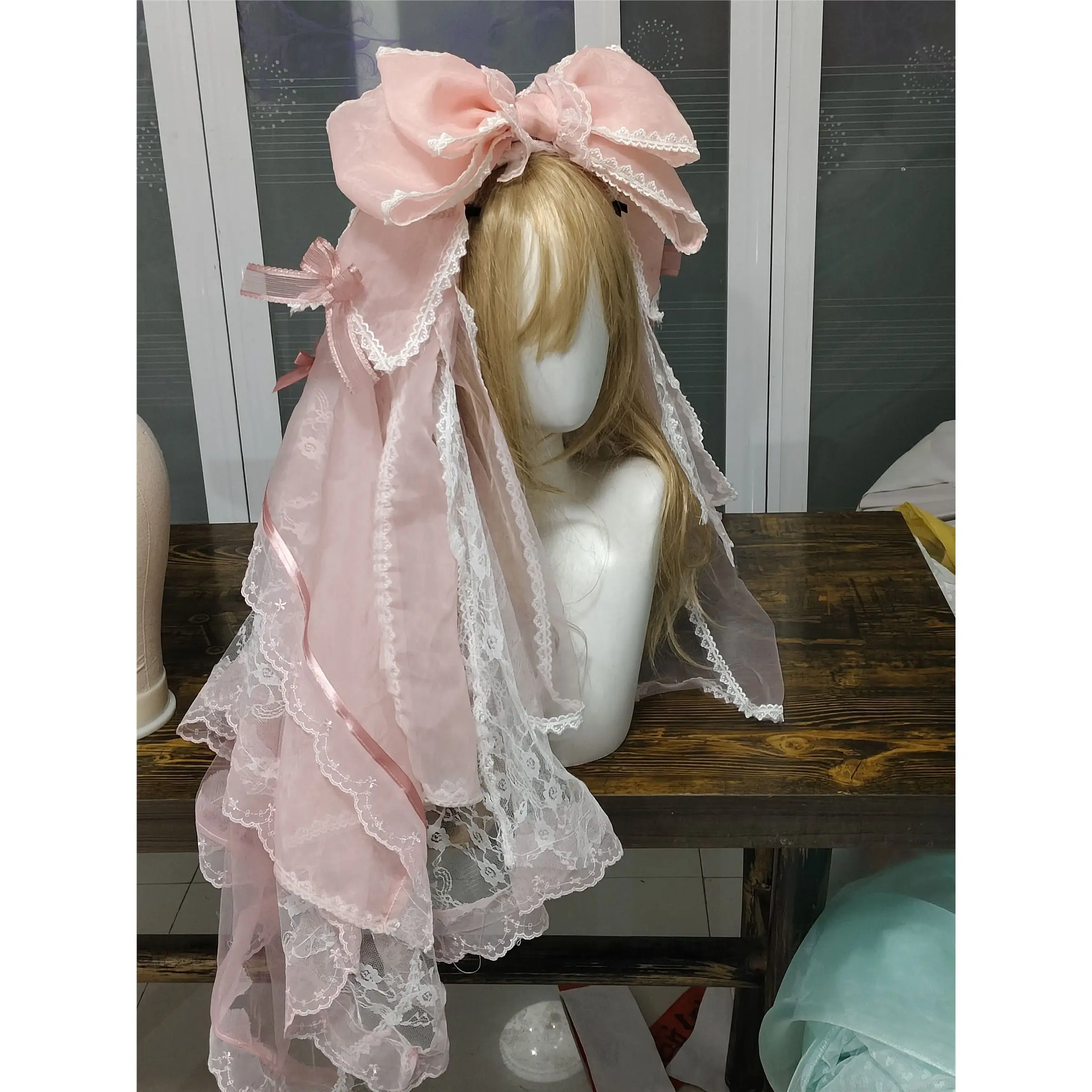 Handmade Lolita Sweet Hair Accessory - Rose Garden Pink Trailing Ribbon Bow, Love Song Lace Veil, Costume Headpiece for Party Wear, Ribbon For Hair, Feminine, Hair Accessories