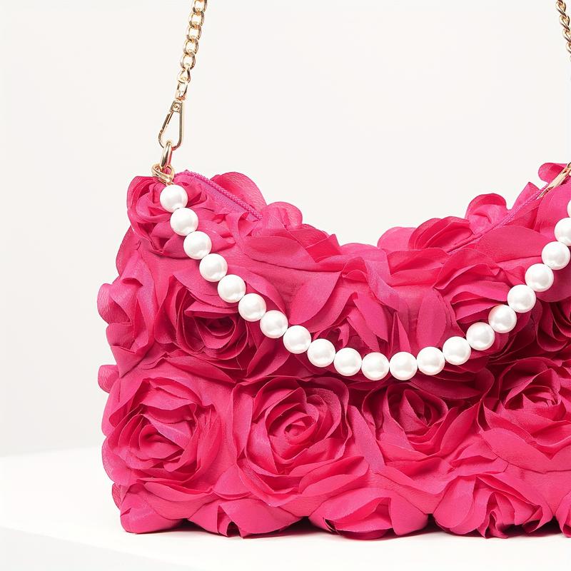 [Wedding Accessory] Elegant Rose-Embellished Crossbody Bag with Faux Pearl Accents - Sweet Pink Floral Evening Clutch, Ideal Valentine's Gift for Women, Polyester Lining, Zip Closure, Wedding Gifts