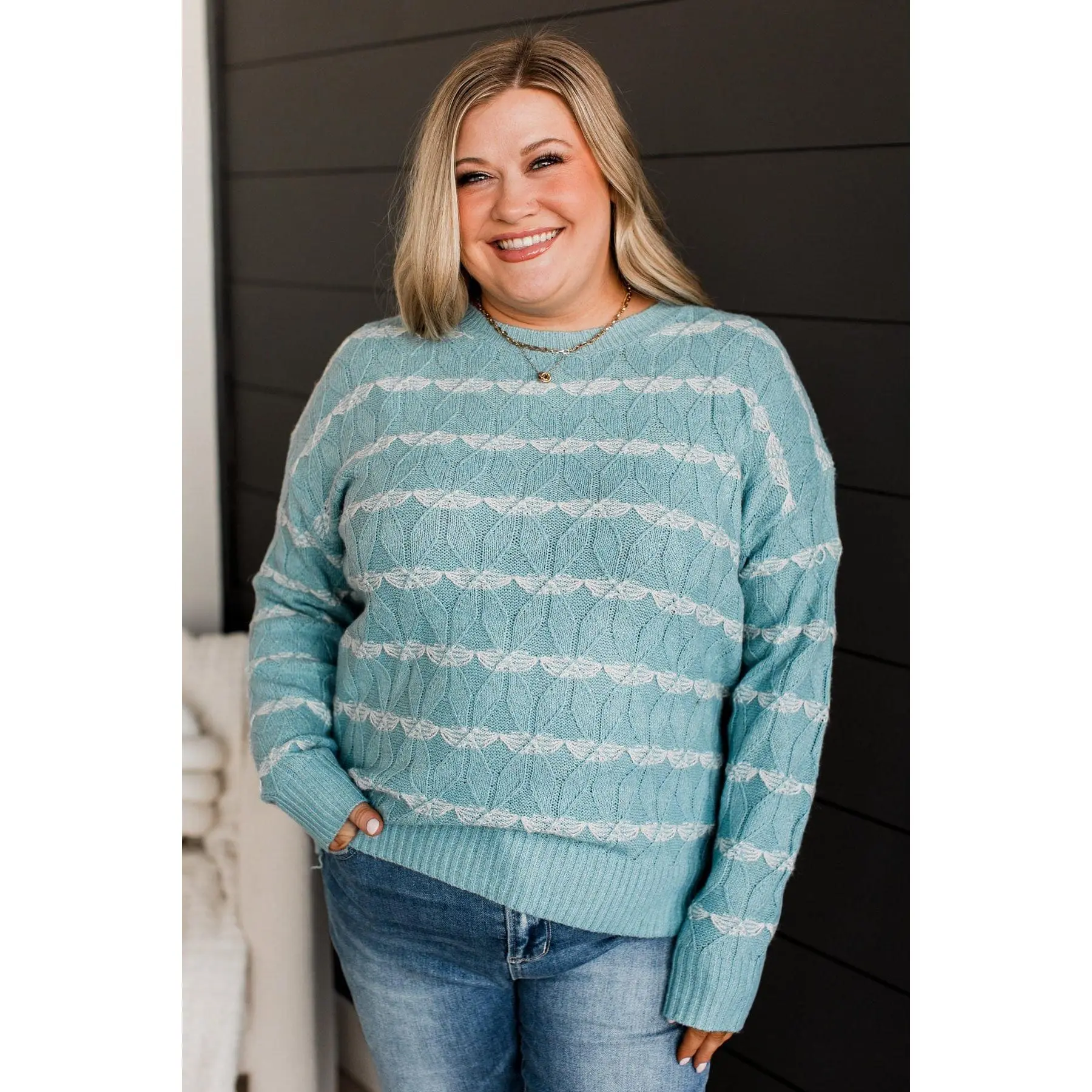 Show Me Off Striped Knit Sweater- Dusty Teal