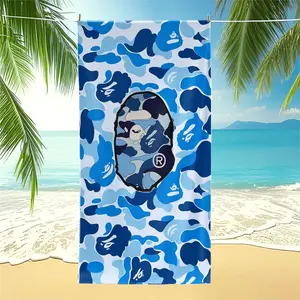 Blue Camouflage Ape Head Print Beach Towel, Soft Microfiber Pool Towel, Lightweight Compact Towel for Beach, Swimming, Camping, Gym, Travel, Perfect for Summer Outdoor Activities,  Machine Washable