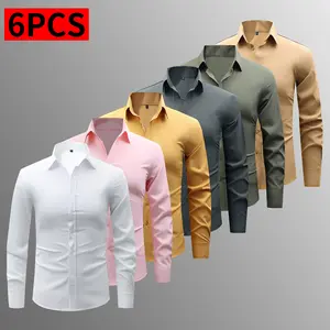 6 pieces of men's slim-fit long-sleeved shirts - Solid color for business casual and office wear, button-down shirts with chest pockets, suitable for work, travel and leisure occasions, essential for work attire, classic collar design