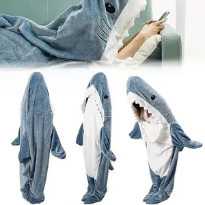 Shark jumpsuit, wearable blanket hoodie, comfortable flannel casual blanket, cartoon animal shark jumpsuit shark clothing, suitable for adults and children, can be used as pajamas or for work
