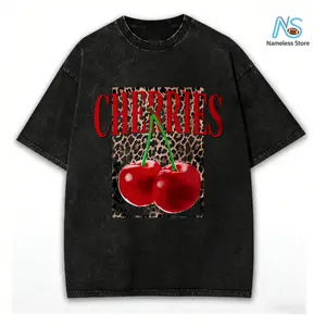 Plus Size Summer Women's Fun Print Hip-Hop "Leopard Cherry Letters" Personalized Pattern Print Street , Korean Style Y2k Clothing Women's Clothing, Round Neck Short-Sleeved Washed T-Shirt