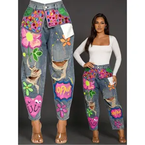 Women's Sexy Ripped Distressed Colorful Rhinestone Print Party Club Jeans streetwear
