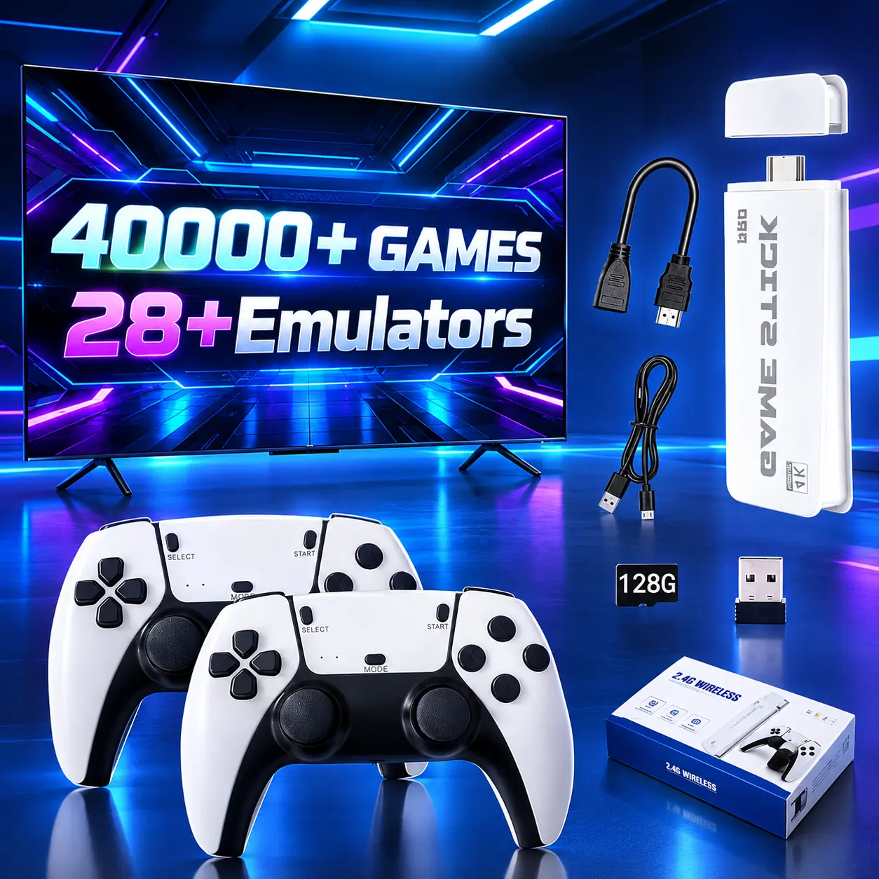 Upgrade Wireless Retro Gaming Console Pre-Installed 40000+ Video Games 2026 Plug and Play TV Game Stick 4K HDMI Output Retro Video Game Console with Dual 2.4G Wireless Control, Nostalgic Gifts